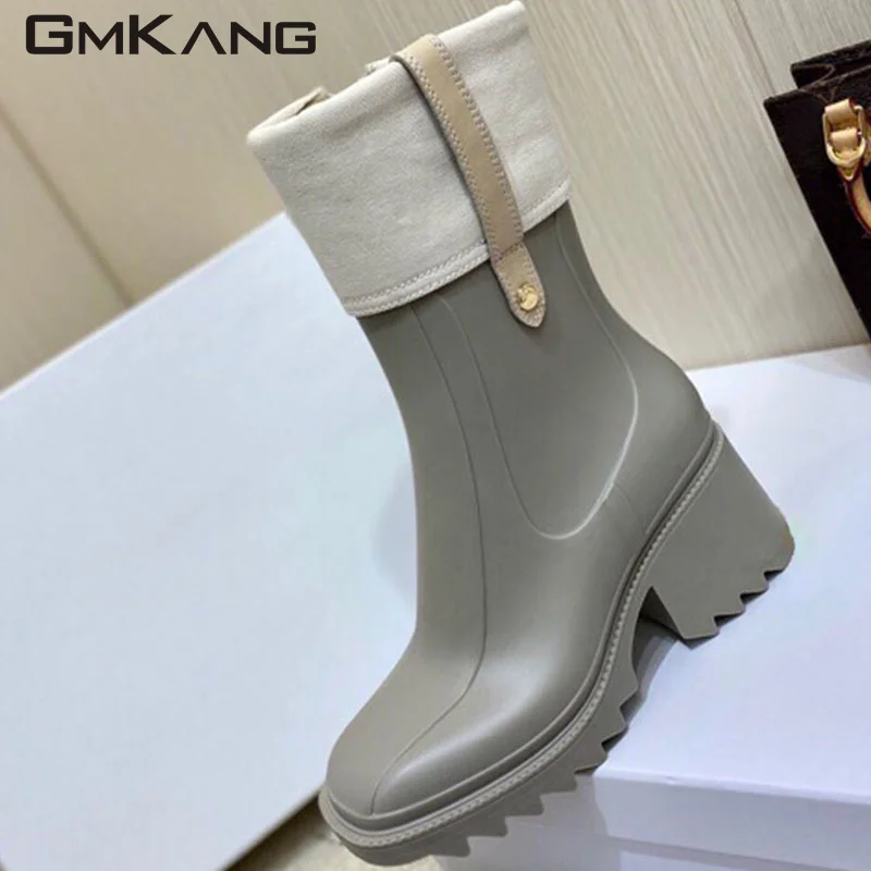 Square Heels Rainboots Women Rubber Waterproof Runway Shoes Female Fashion Chunky High Heels Short Boots Rain Shoes Woman