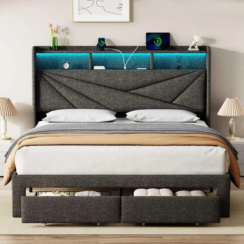 Estrutura de cama king size LED com 2 gavetas de armazenamento, estrutura de cama king estofada com cabeceira, estação de carregamento