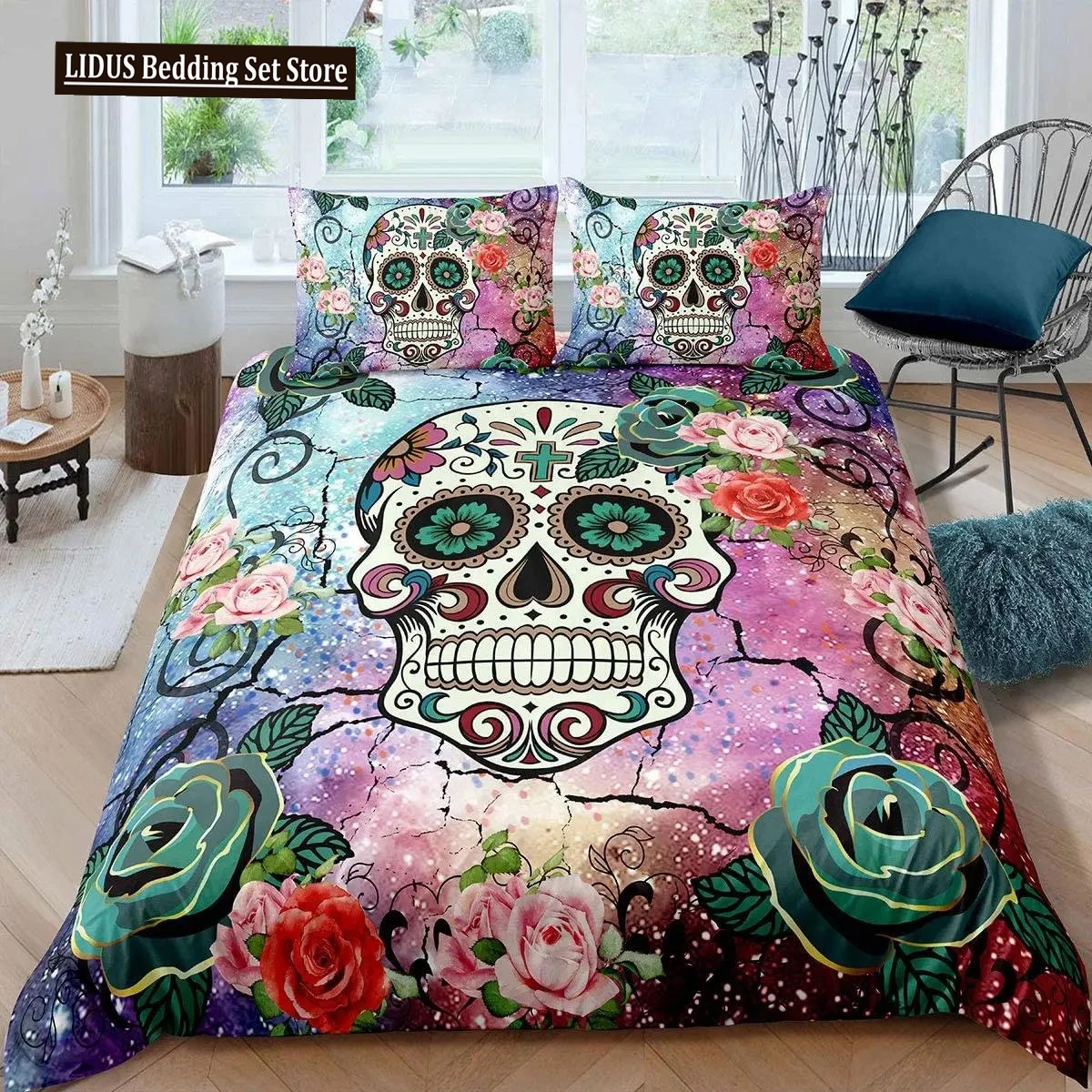 

Sugar Skull Comforter Cover Set Teen Girl Bedding Set,Sugar Skull Decor Bedding Skull Roses Floral Print Duvet Cover Set