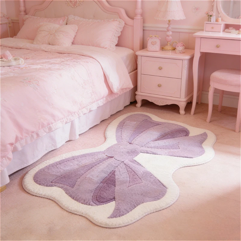 VIKAMA Bow Print Plush Rug Non-Slip Soft Fluffy Carpet French Style Washable Mat for Bedroom Living Room Decor