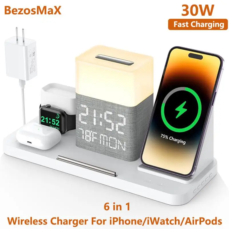 BezosMax 7 in 1 Wireless Charging Station with Dual iPhone Fast Charger Support Bluetooth/TimeSync 30W Fast Adapter for AirPods