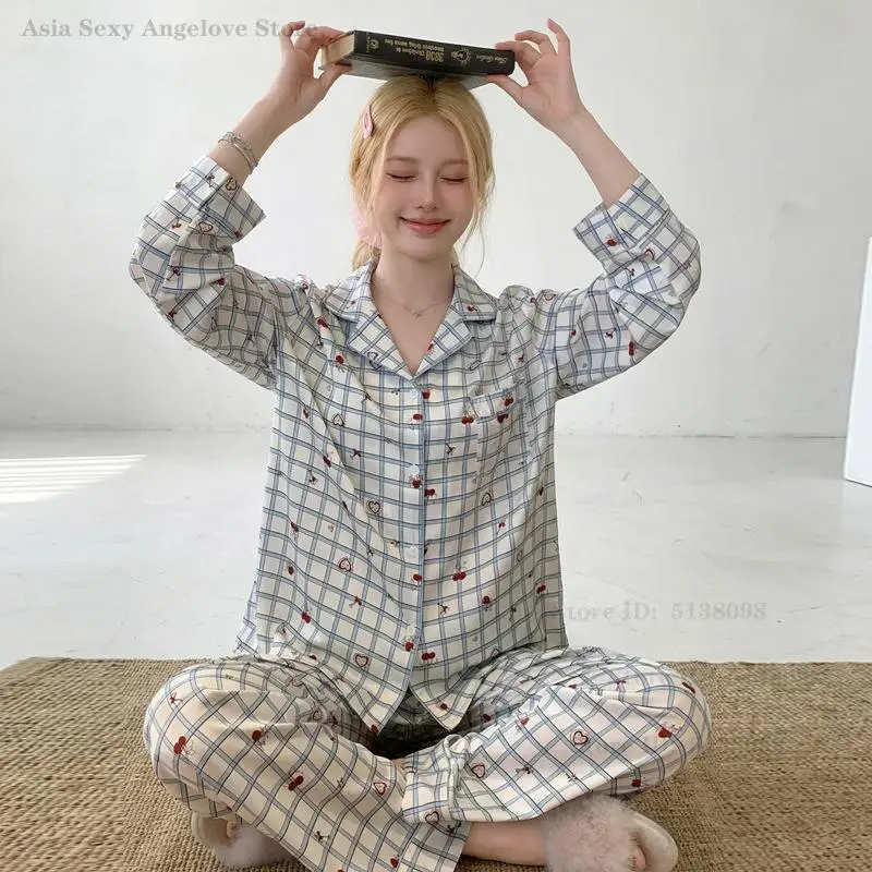 

Нежный повседневный пижамный комплект в клетку из шелковистого атласа с принтом, домашняя одежда, женский пижамный костюм с длинными рукавами и брюками