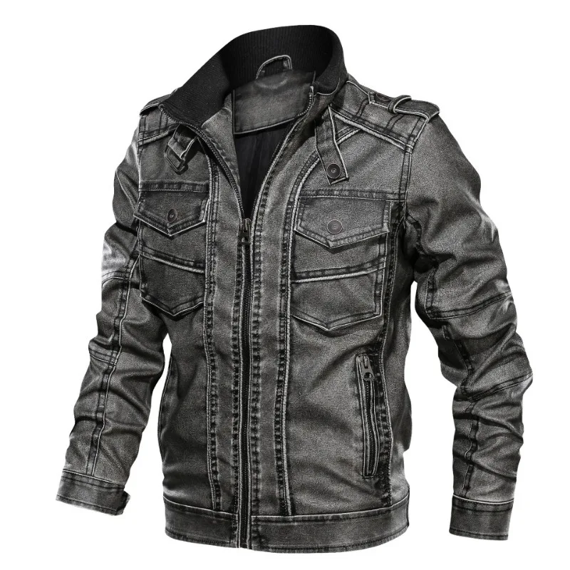 Chaqueta de cuero locomotora con múltiples bolsillos Retro para hombre, abrigo de cuero suelto informal