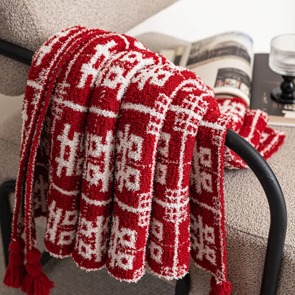 Red Half-edge Velvet Festive Blessing Printed Blanket with Tassels Wedding Gift Festive Bride Gift Warm Plush Nap Shawl Blanket