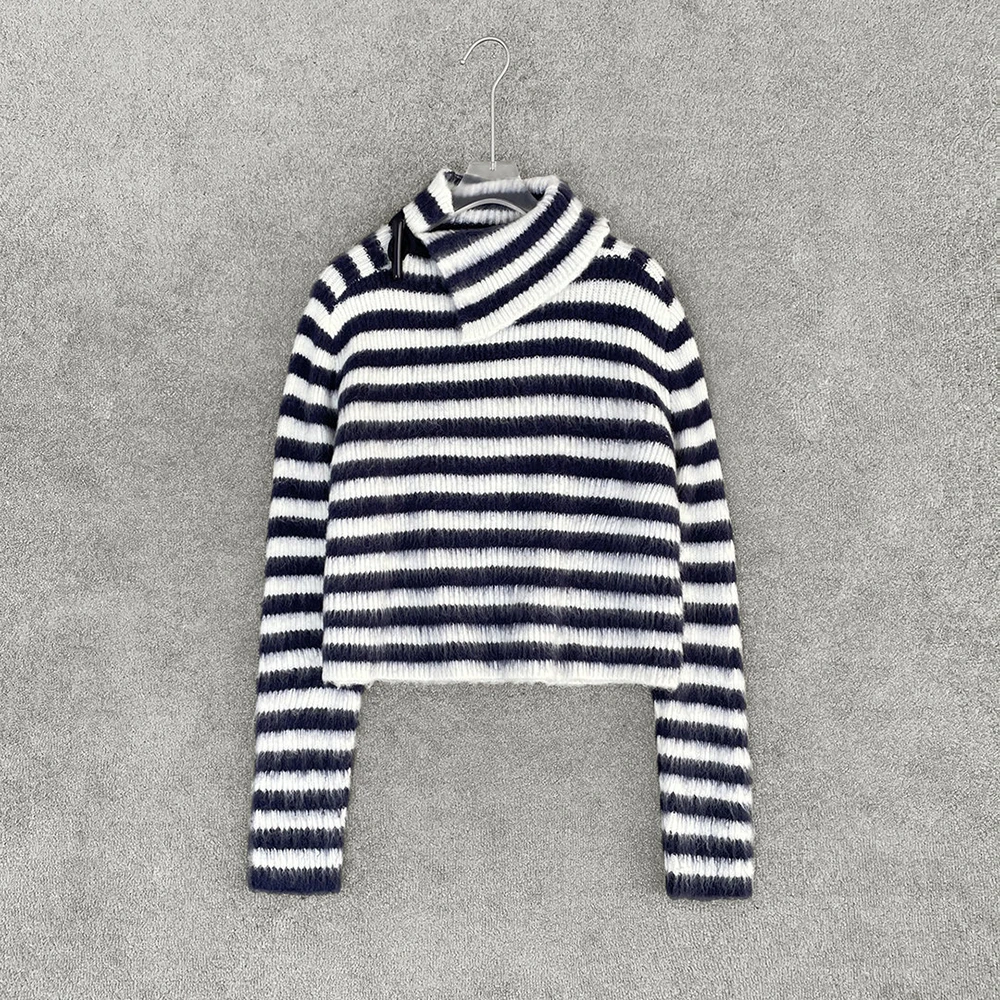 

Женский пуловер из смеси шерсти Y2k, капюшон на пуговицах, воротник-стойка, полосатый вязаный топ, модный пригородный теплый свитер из мохера, новинка весны 2023 г.