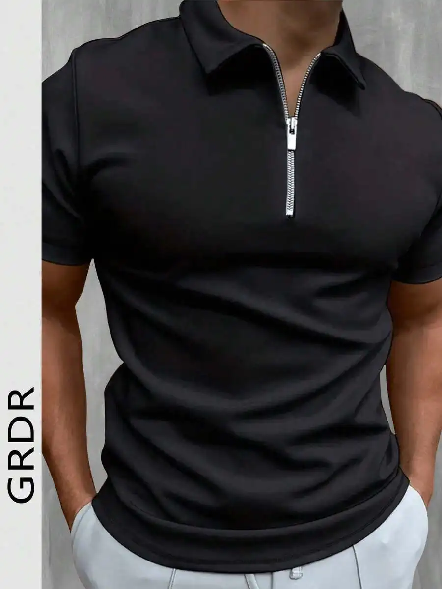 

Men's Black Half-Zip Polo Shirt, Short Sleeve, Casual Outdoor Wear