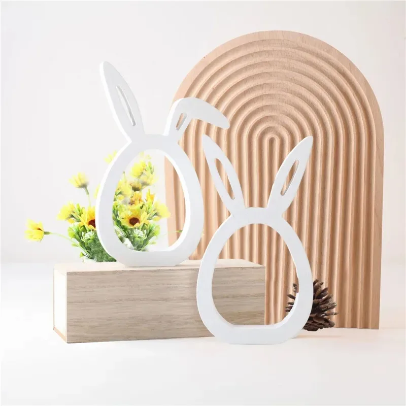 

Easter Decorations White Wooden Rabbit Ornaments Bunny Decor Happy Easter Table Decor Easter Annular Hollow Bunny Figurine Gift