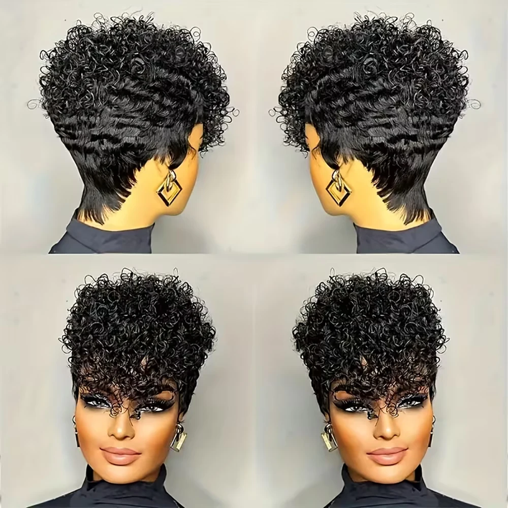 باروكات مجعدة باللون العنابي، باروكة شعر بشري قصيرة بقص عابث مع غرة للنساء، شعر برازيلي مصنوع آليًا، شعر مستعار مستقيم أسود طبيعي #4
