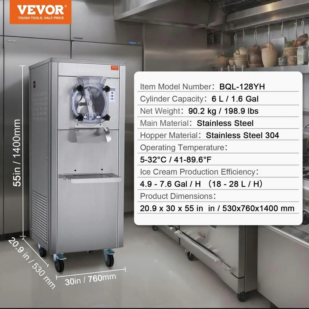 18L Per Hour Hard Ice Cream Machine 1780W Stainless Steel Auto Clean Panel Wheel Mounted for Snack Bars