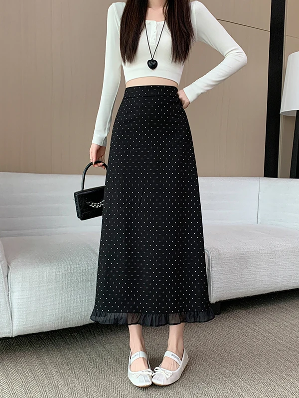 Elegant Black Polka Dot A-Line Straight Midi Skirt Spring Fashion High Waist Design Ladies' Premium Feel Half-length Skirt