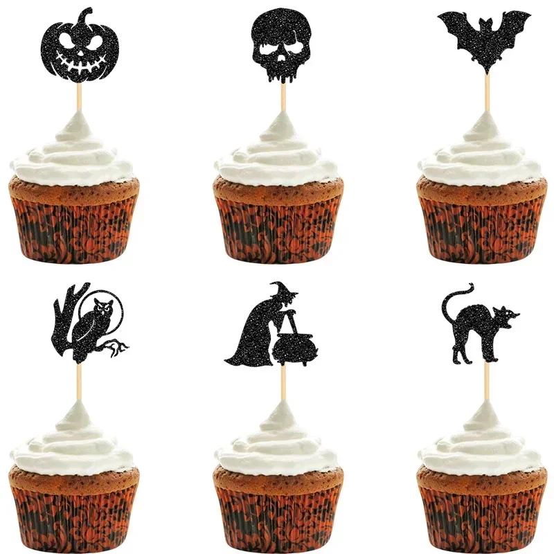 YOMDID 24 Stück Halloween-Kuchendekorationen Glitzernde Kürbis-, Totenkopf-, Fledermaus-, Hexen-, Katzen- und Eulen-Design-Kuchenspießer Gruselige Party-Cupcake-Dekorationen