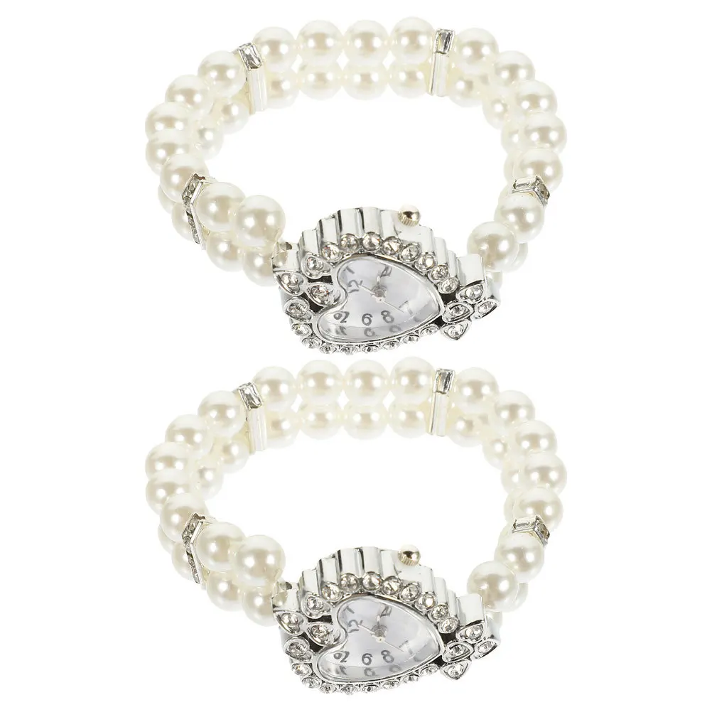 2 قطعة ساعة أنيقة على شكل قلب كريستال لؤلؤة سوار ساعة نسائية للحفلات الراقصة والمناسبات الخاصة للنساء ساعة حجر الراين