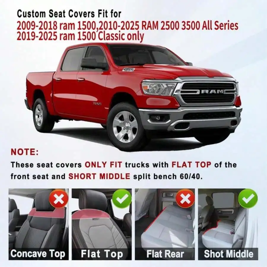 

Waterproof Leather Seat Covers For Ram 1500 2500 3500 2009-2025 Flat Top Front Short Middle Split Bench