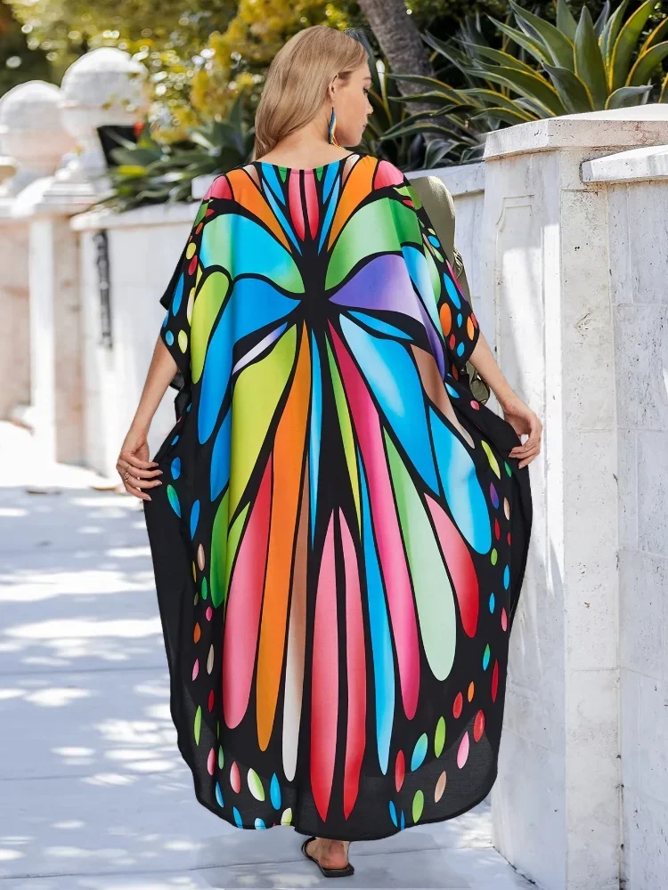 Sexy V Neck Women\'s Kaftan Long Dress Women Summer Wear 2024 Bohemian Chic Butterfly Printed Comfy Vacation Maxi Dresses Q1635