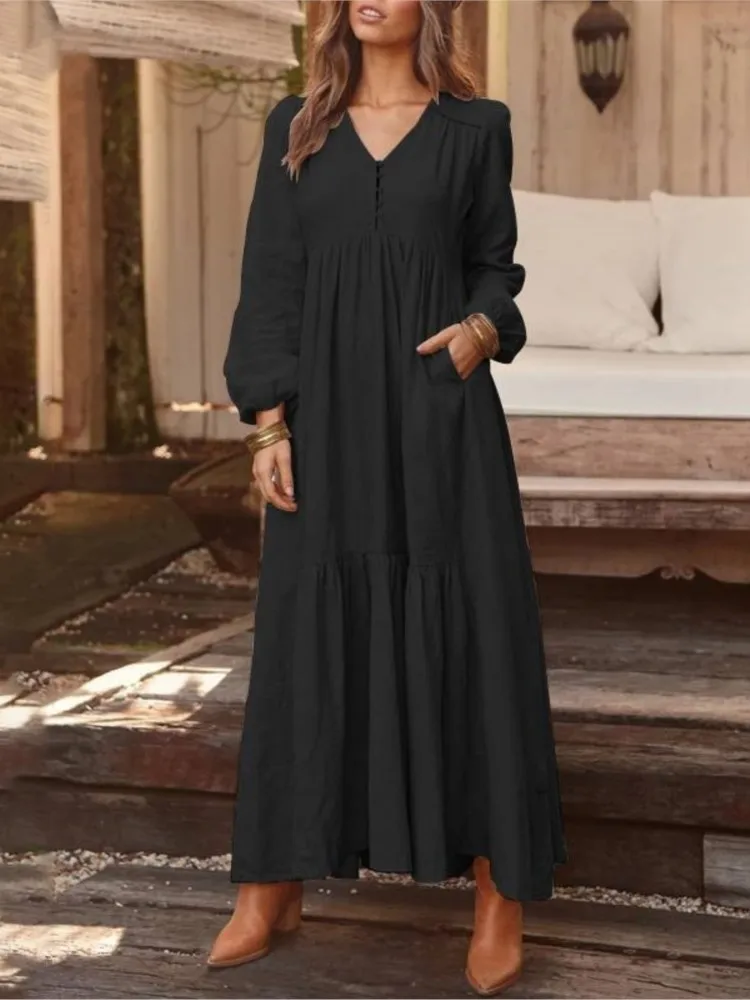 V-neck Long-sleeved Button-down Dress For Women In Fashion Autumn Winter Solid Color Loose Casual Party Simple Dress Female