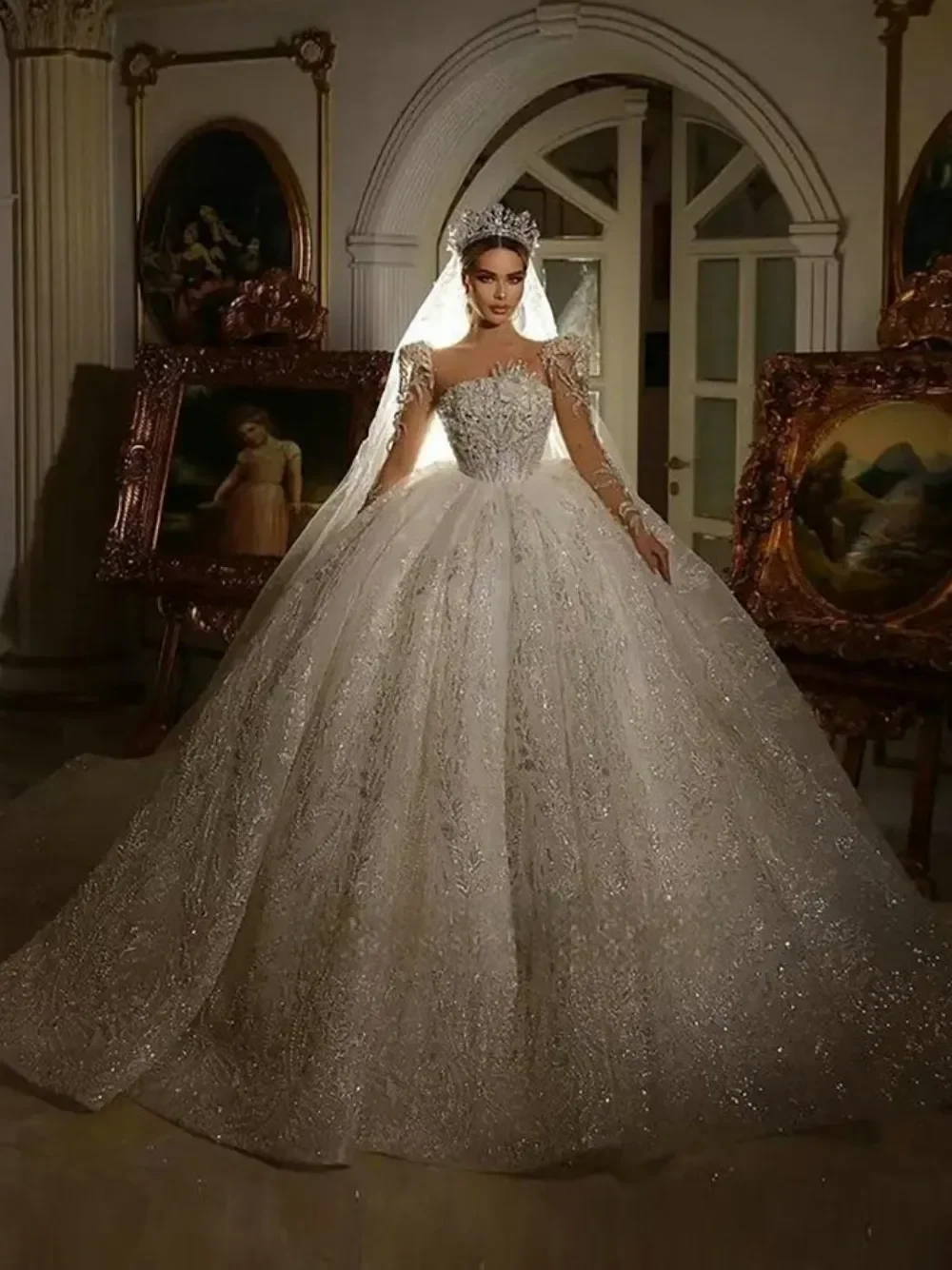 

Customized Luxury Beading Ball Gown Sparkly Sequins Princess Wedding Dress Long Sleeve Bridal Gown Vestido De Novia