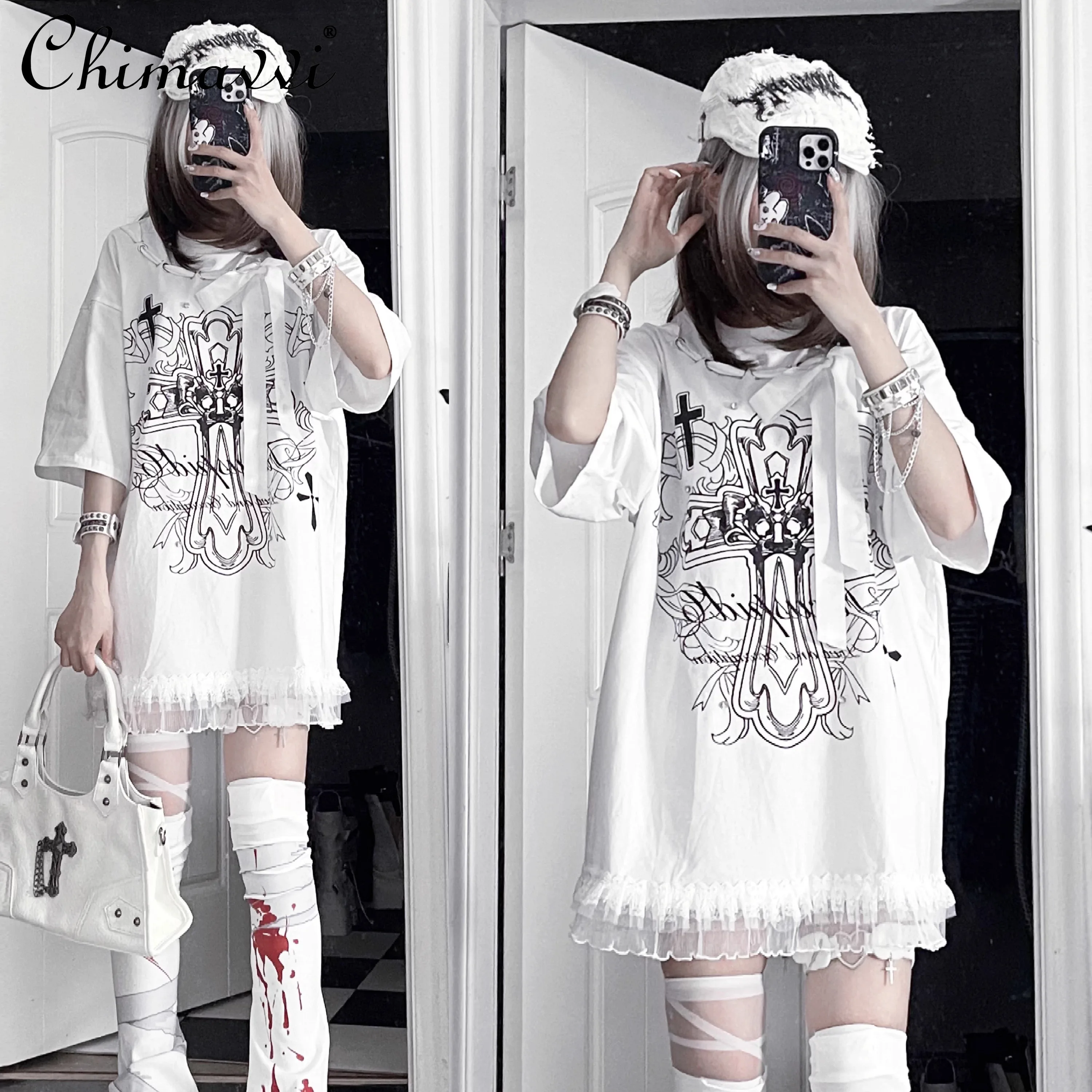 

Оригинальный принт Subculture Dark Girl, свободная футболка из чистого хлопка с короткими рукавами, новинка лета 2025, топы Y2k в готическом стиле в стиле панк с круглым вырезом