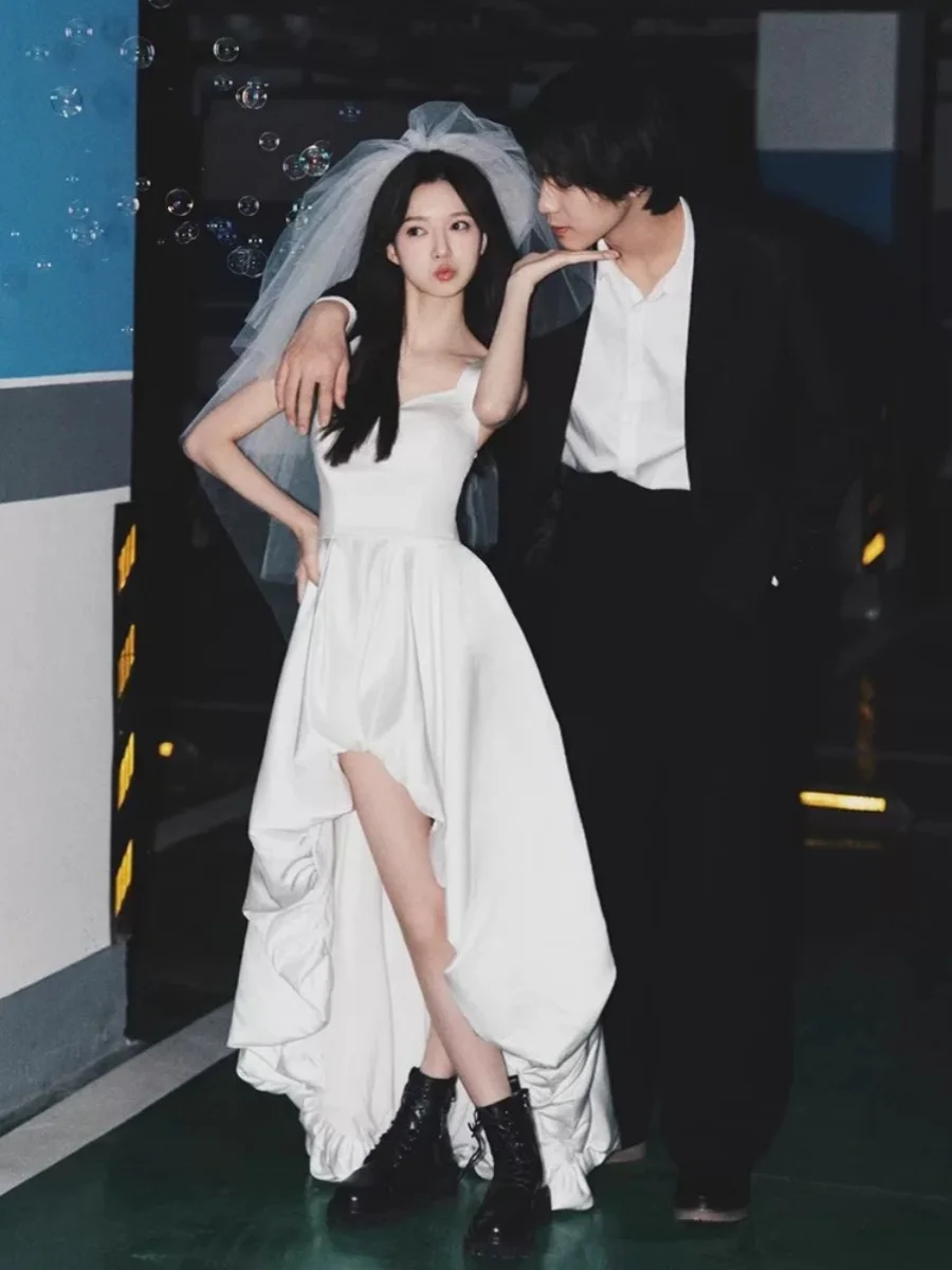 

White Strapl ort Front Long Ba Bridal Gown Engagement Travel Photoaphy Wedding Dr Ele Simple Sle Floor Length