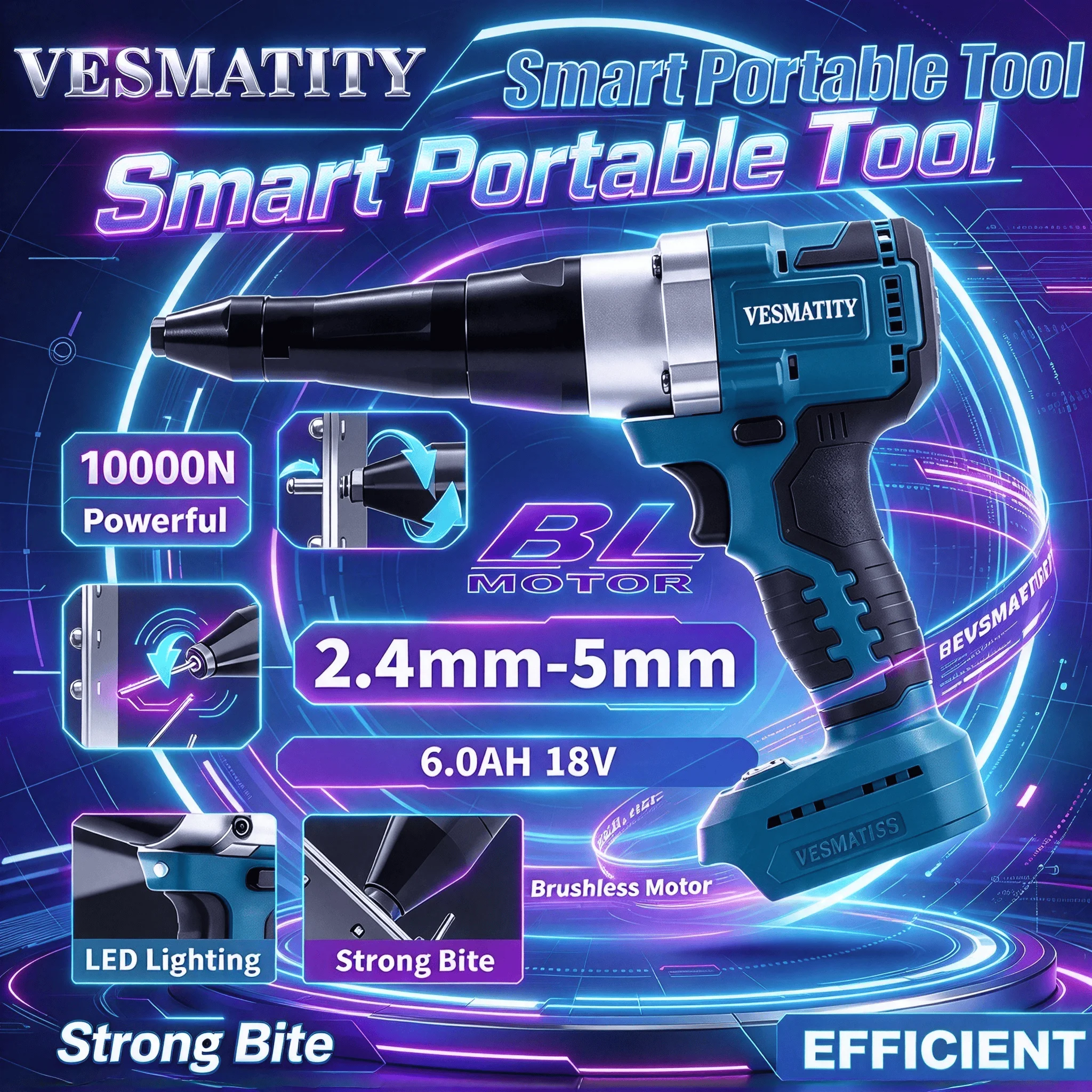 Vesmatity Cordless Rivet Nut Gun Electric LED Multifunctional Automatic Riveting Brushless Tool for 18V Battery Pro Max Unit