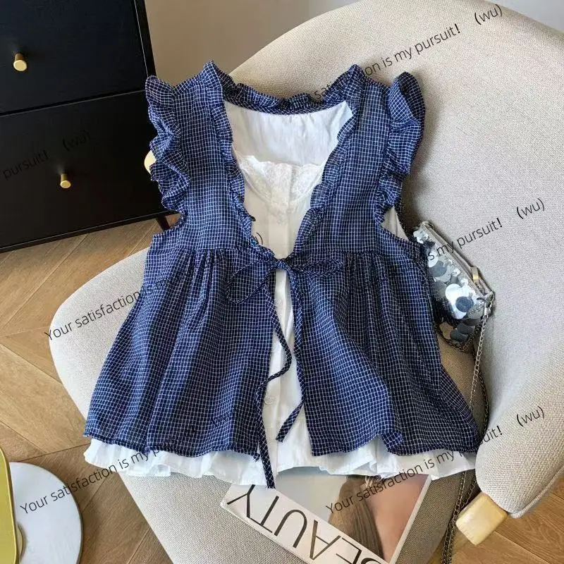 

Корейская клетчатая рубашка из двух частей, женская свободная рубашка без рукавов с грибковым краем, уменьшающая возраст