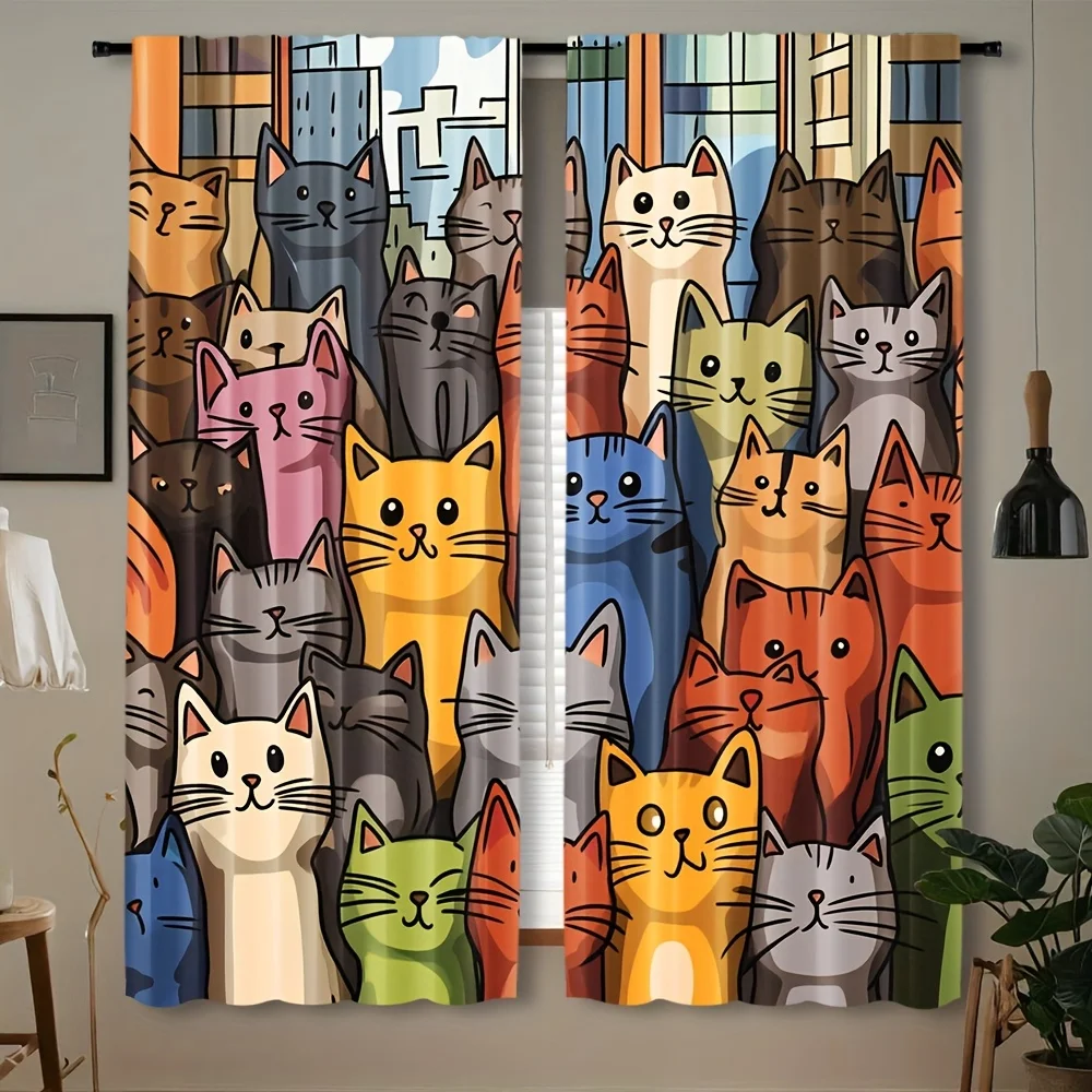 Cute Cat Family Mural Curtains for Window Treatment Nursery Room Decor Cartoon Illustration Pop Art Style Lightweight Home