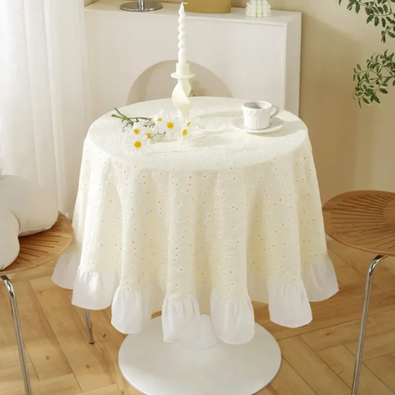 

Farmhouse Flouncing Table Cover for Patio Table Picnic Dining Room Cotton Blend Falbala Round Tablecloth Machine Washable