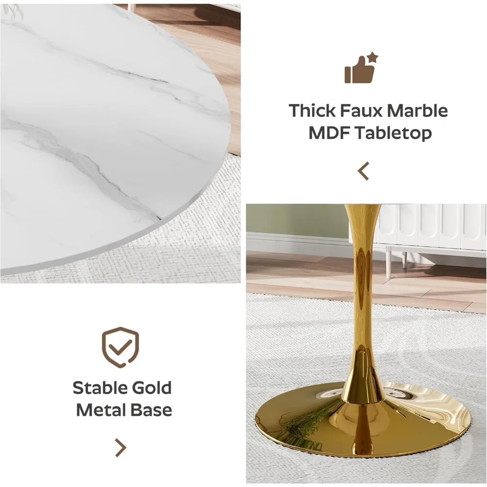 طاولة طعام مستديرة مقاس 34 بوصة مكونة من قطعتين، سطح MDF من الرخام السميك مقاس 0.7 بوصة مع أرجل معدنية ذهبية وطاولة مقهى و2 شاي طعام فاخر باللون الأبيض والذهبي