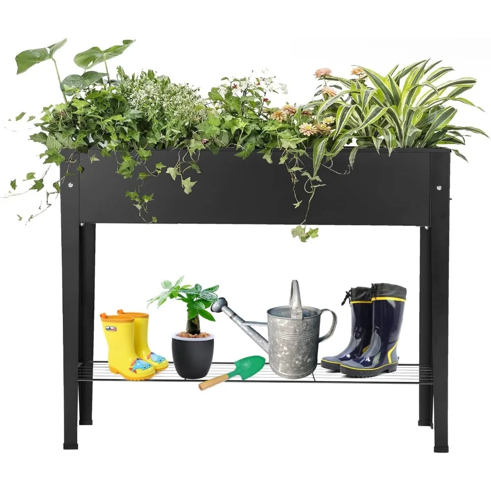 Elevated Metal Planter Box with Legs, Drainage Holes for Indoor Outdoor Gardening in Frosted Black