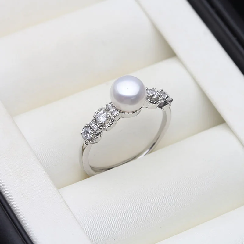 Genuine Freshwater Pearl Rings For Women,Cubic Zircon Sterling Silver Open Pearl Ring Adjustable Mom Wife Anniversary Gift White