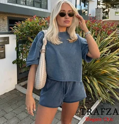 TRAFZA Basic Casual Short Sleeve Ribbed Short Set Women New 2024 Spring Summer Fasion Vacation HomeSwear Shorts Set