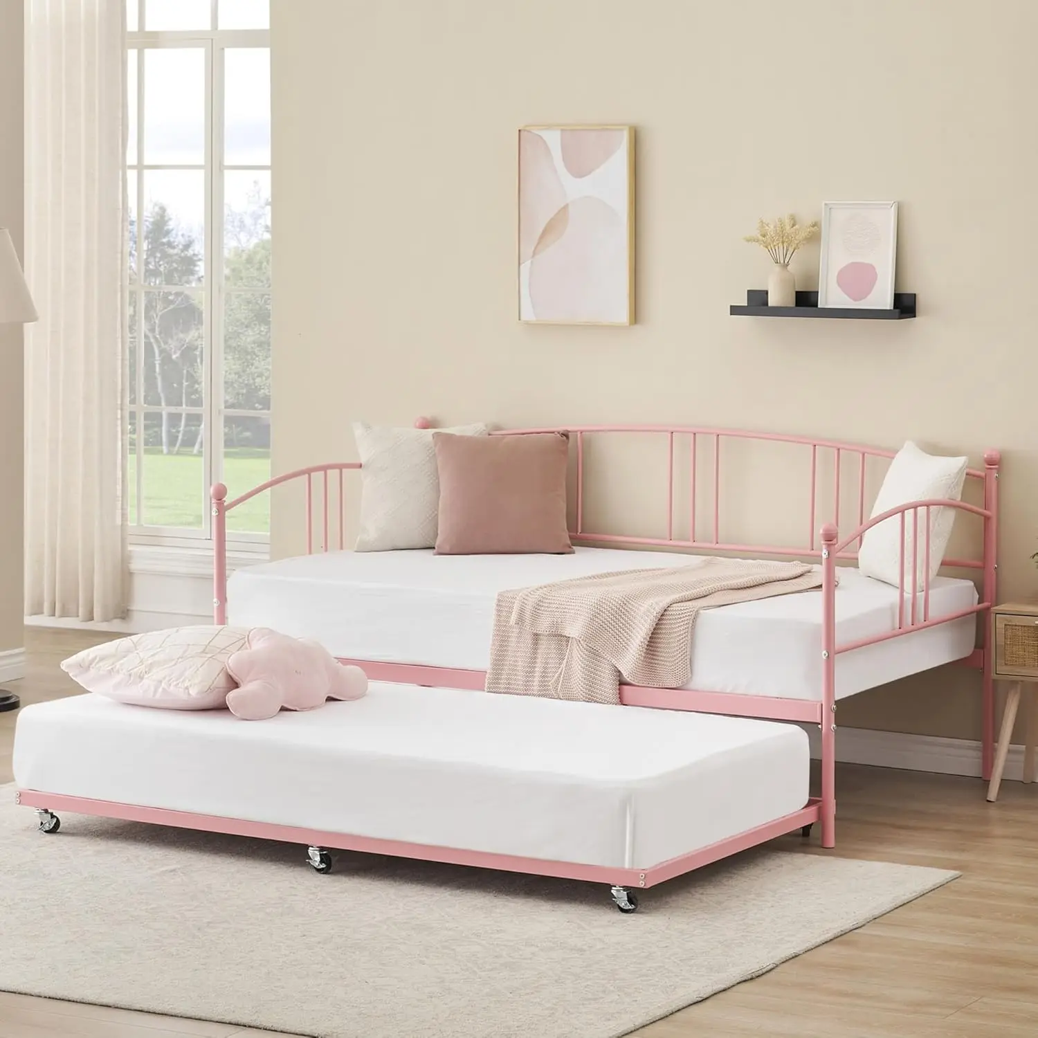 

Twin Daybed with Trundle, Metal Twin Bed with Pullout Trundle, 6 Casters, Pink