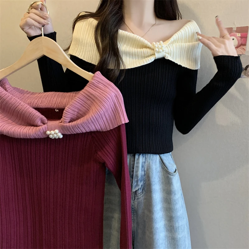 Pull à manches longues coréen pour femmes, haut mince et simple, vêtements Y2K