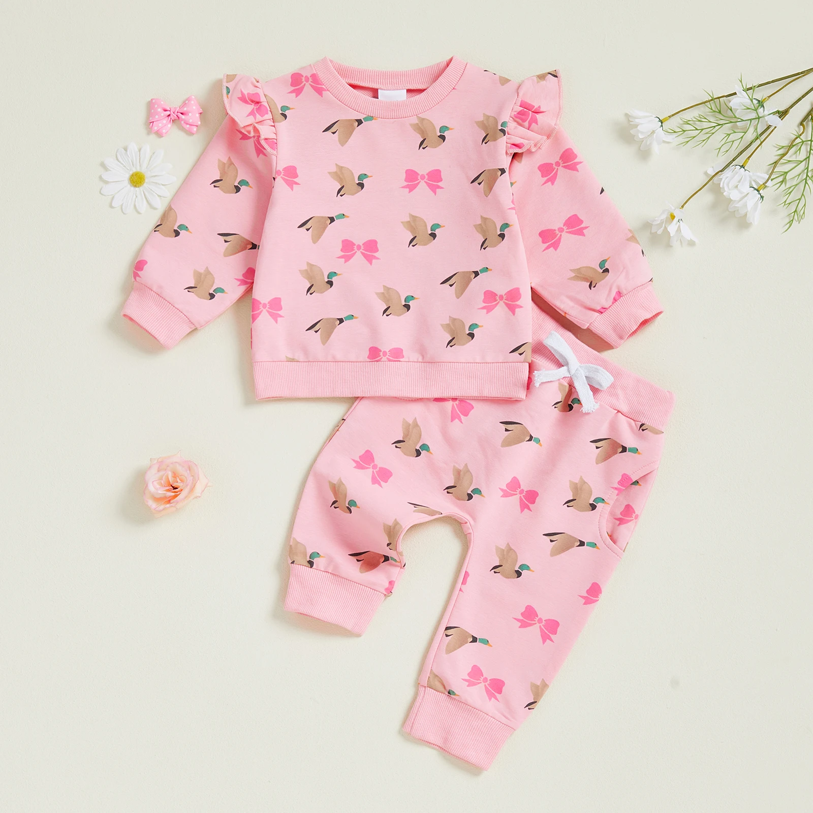 FOCUSNORM 0-3Y طفل رضيع الفتيات الخريف الملابس مجموعات وتتسابق بطة القوس طباعة طويلة الأكمام البلوز البلوز مرونة الخصر السراويل