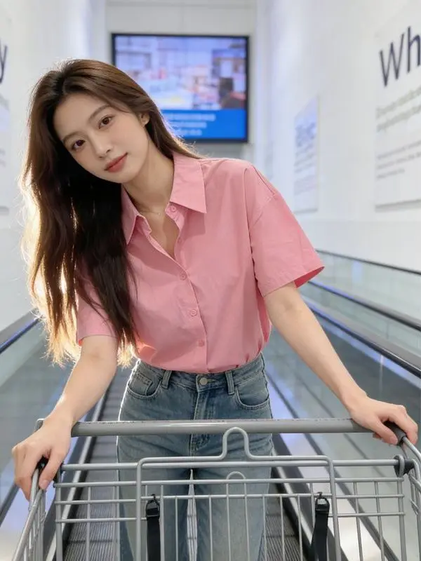 

Summer 2026 Retro Hong Kong Style Women's Short Sleeve Shirt Single Button Flip Collar Student Casual Loose Fit Polyester