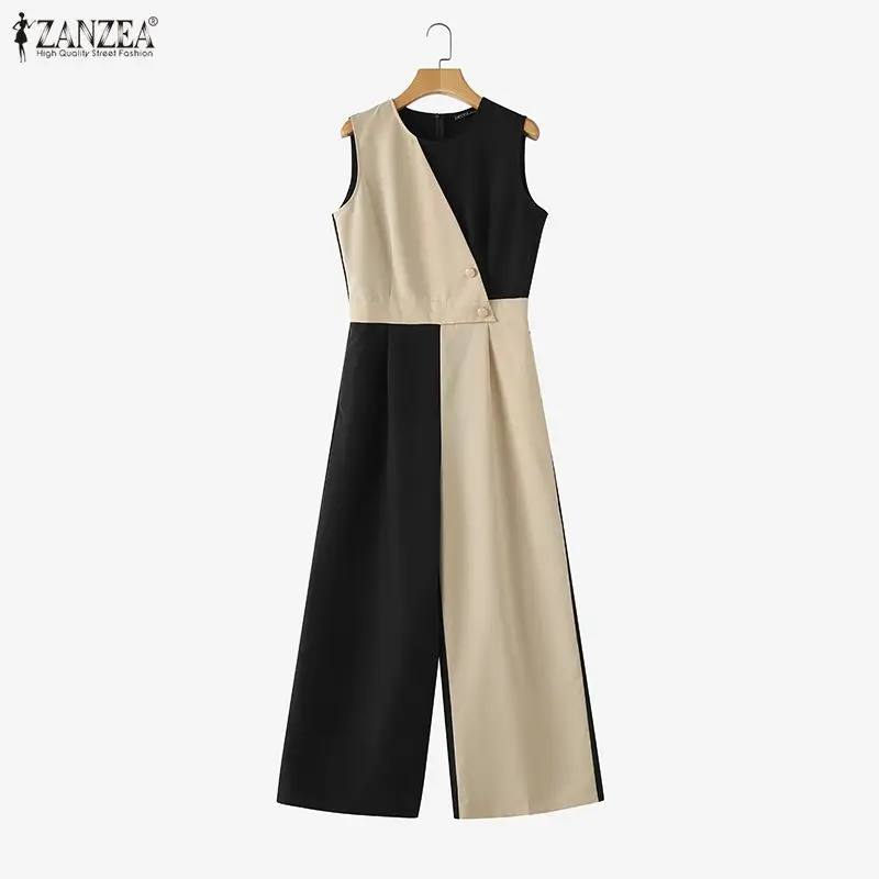 ZANZEA Long Jumpsuits For Woman Elegant Office Work Romper Color Patchwork Casual Loose Wide Leg Overalls 2026 Summer Bottoms
