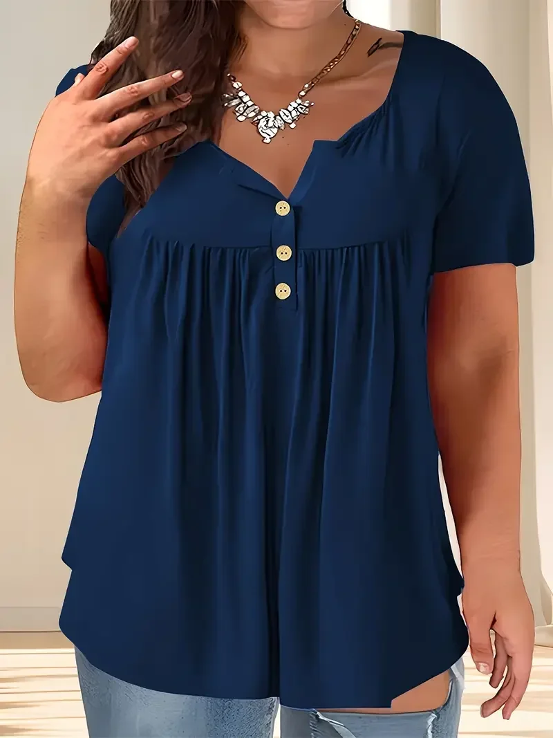 

Большие размеры, женские летние повседневные свободные футболки с короткими рукавами, однотонные плиссированные туники на пуговицах, топы с v-образным вырезом, женские пуловеры, топы