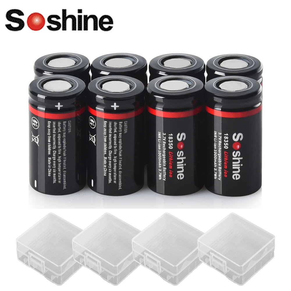 Soshine-batería recargable de iones de litio, 3,7 V, 18350, 1000mAh, 1000mAh, 1000 veces, carga de ciclo, tiempo completo, 1h