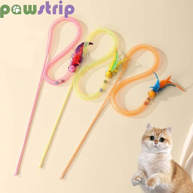 Cat Teasing Stick Toy Bite Resistant Elastic Mesh Tube Kitten Playing Interactive Feather Toy Pet Supplies