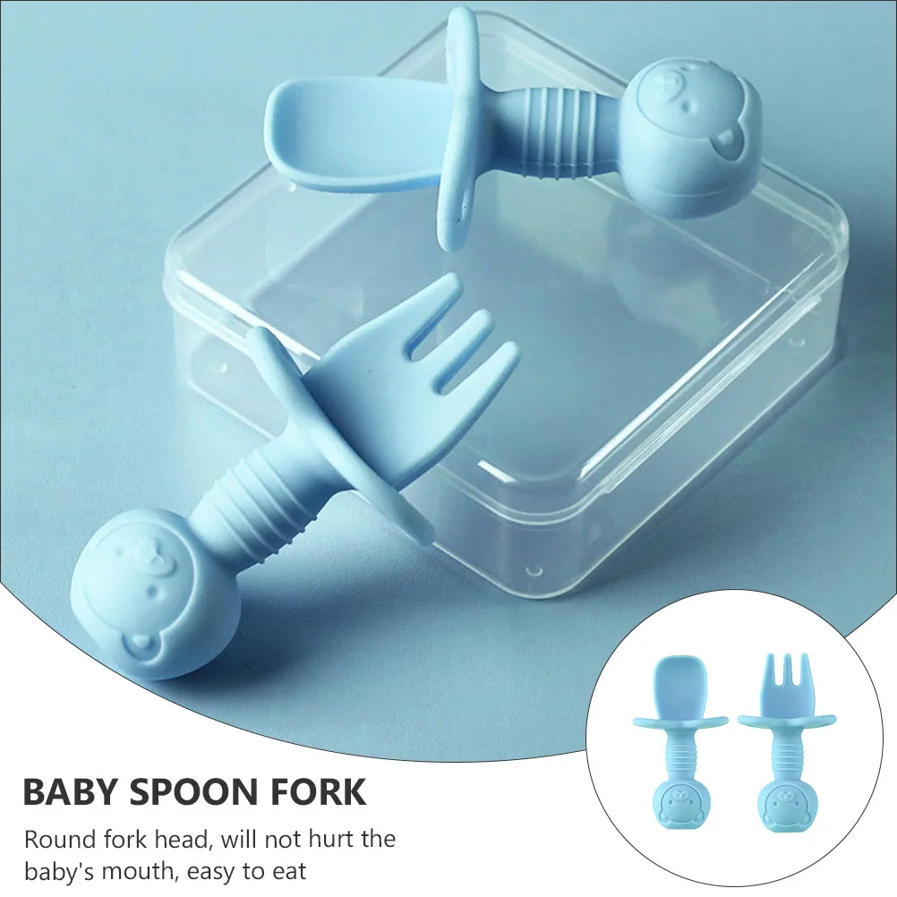 2 قطعة ملعقة تغذية الطفل شوكة مجموعة سيليكون السلس سهلة التنظيف مقاومة درجات الحرارة العالية صديقة للبيئة رأس مستدير للأطفال الرضع