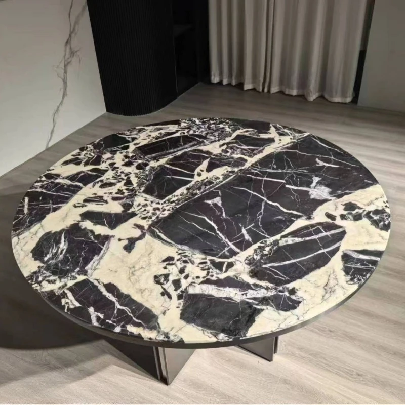 

Italian light luxury restaurant Household natural luxury stone 1.35m round dining table Black natural marble meal