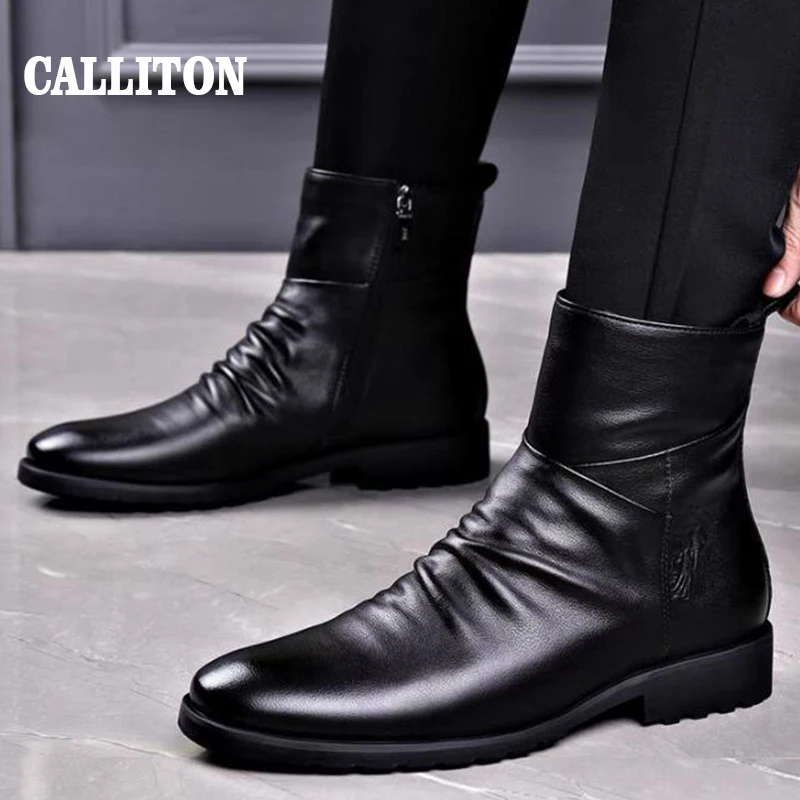 CALLITON Chelsea Boots Genuine Leather Winter Mens Shoes England Zipper Fashion Sneaker Antiskid Keep Warm Calfskin Shoes