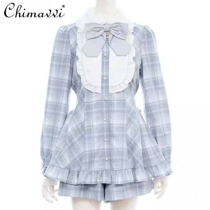 

Japanese Style Mass-produced Sc Suit 2026 Spring New Sweet Bows Plaid Long Sleeves Dress Tops and Shorts Lolita Two-piece Set
