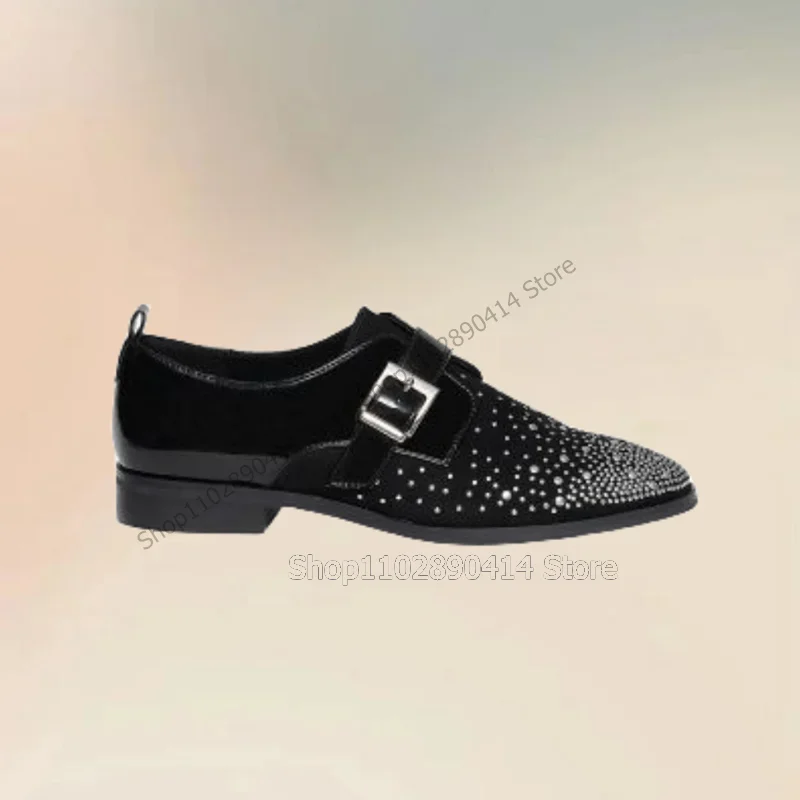 

Black Patchwork Buckle Rivets Decor Men Shoes Fashion Slip On Male Shoes Luxurious Handmade Party Banquet Office Men Dress Shoes