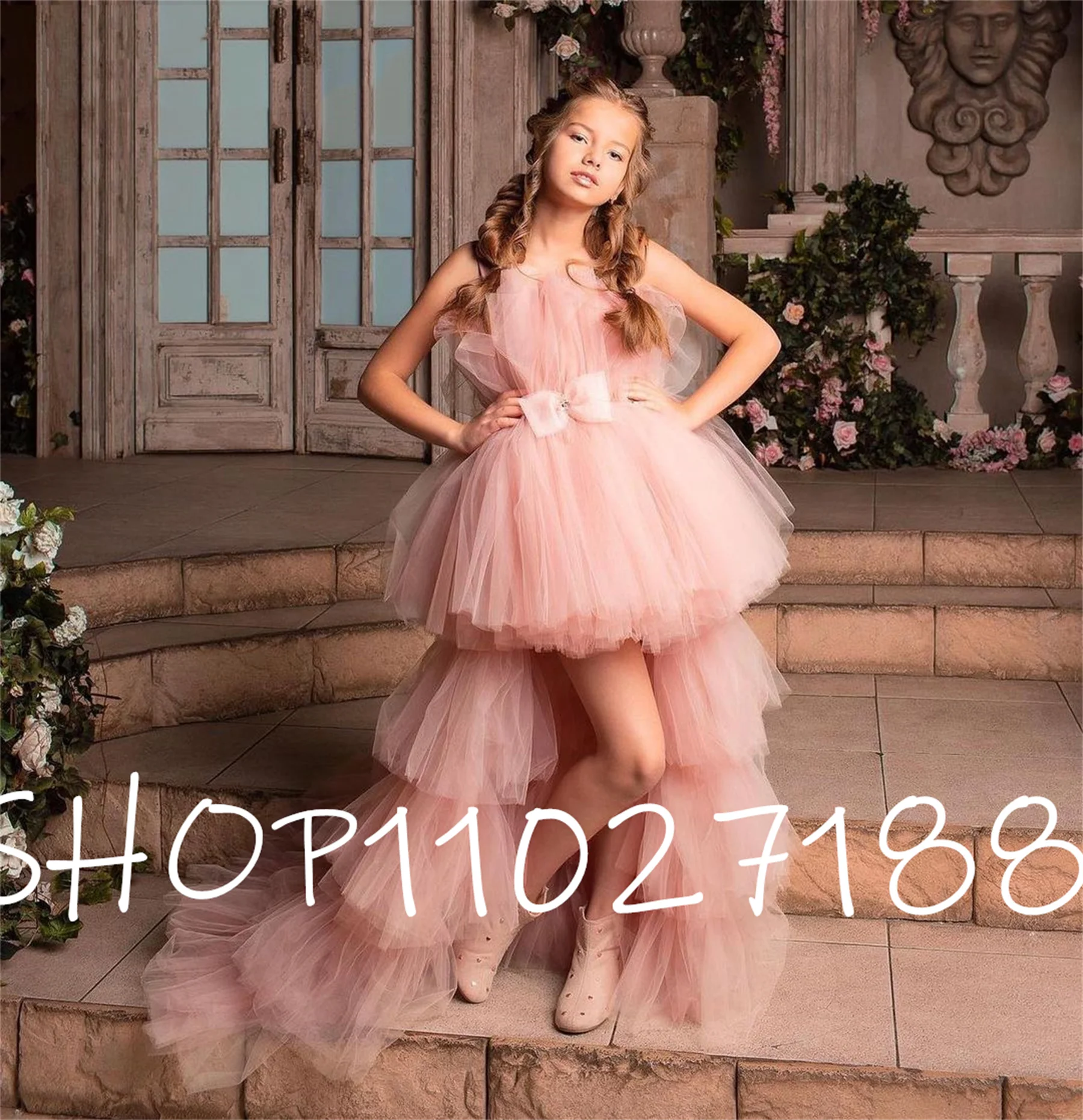 Glitter Ball Gown Girl Party Dresses Illusion Sleeves Puffy Layers Girl Birthday Dress Girl Christmas Party robe de princesse