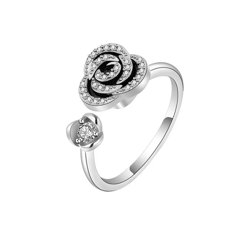 Trendy Rose Flower Charms Fidget Anti Stress Anxiety Rings for Women Wedding Jewelry Plant Spinner Ring Rotatable Gifts