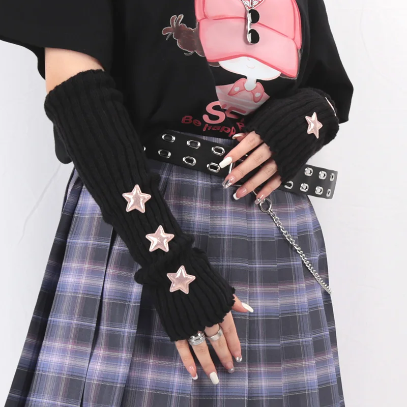 1 زوج المرأة محبوك أصابع أكمام أذرع تبريد القوطية نمط مخطط الشتاء طويل مدفئات للذراع الفتيات Harajuku Y2K قفازات المعصم الموضة