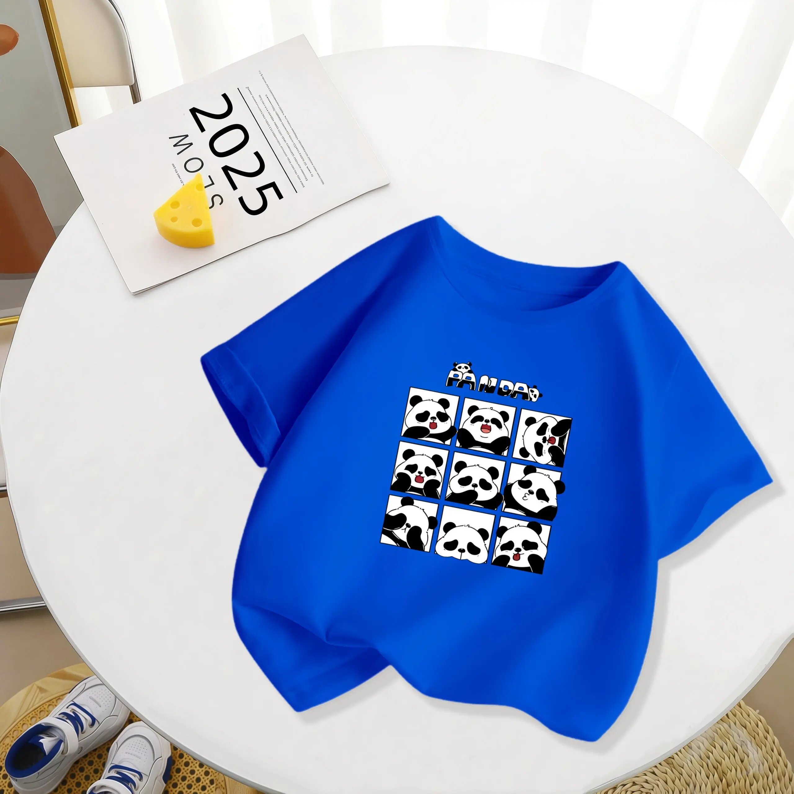 Cute Cartoon Panda Pure Cotton Short Sleeved T-shirt for Boys and Girls, Versatile Summer New Parent-child Top
