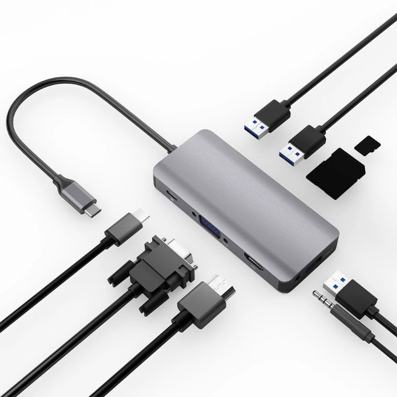 Station d'accueil USB C 9 en 1 comprenant vidéo 4k, VGA, Ethernet, USB rapide