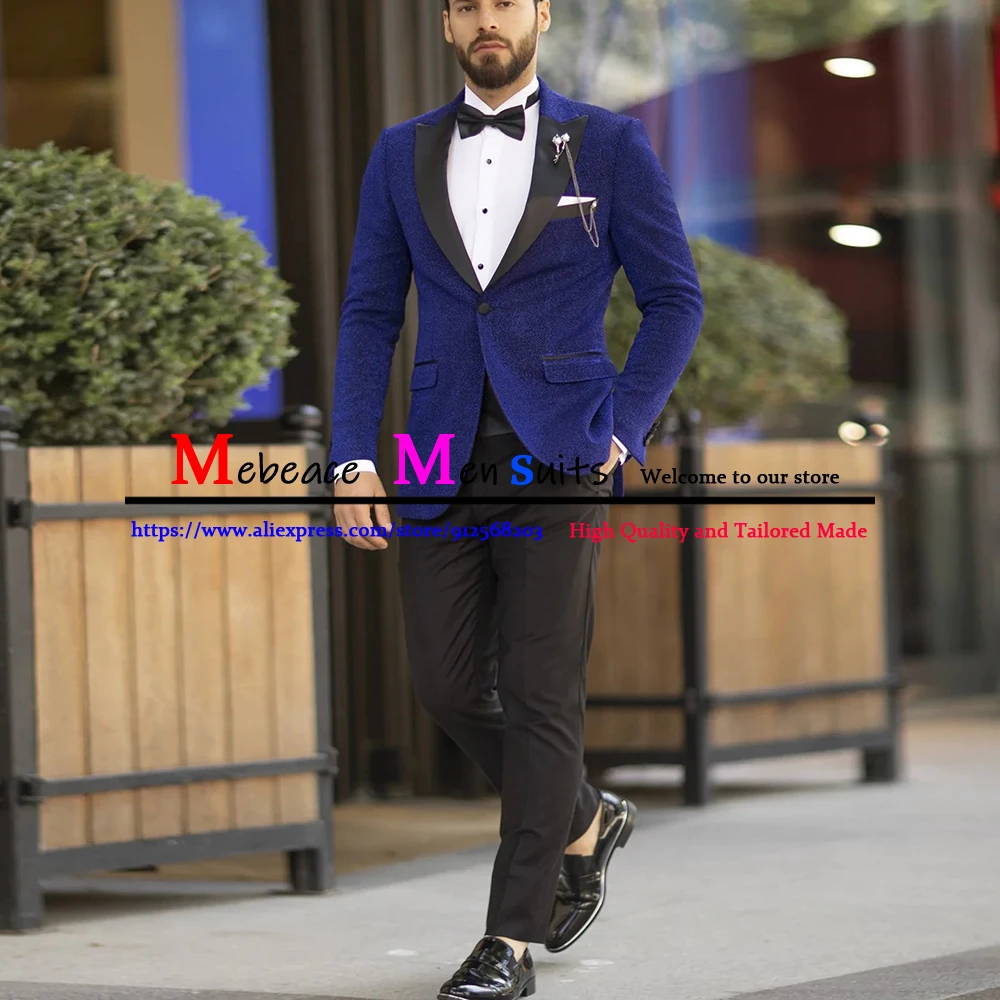 

Luxury Royal Blue Shinny Men Suit Black Peaked Lapel Wedding Suits For Men Slim Fit Groom Party Tuxedo 2 Pieces Anzug Herren