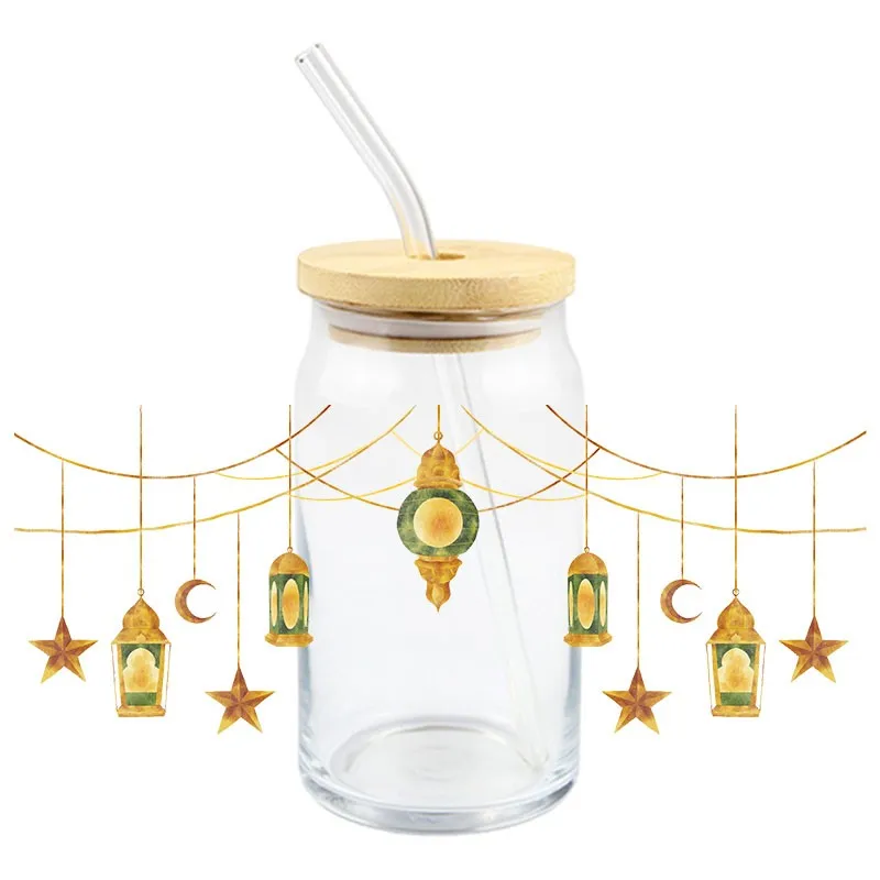 Ramadan UV DTF Wrap Transfer Stickers Golden Moon Stars Design DTF Wrap For Bottles Cups DIY Waterproof Decal